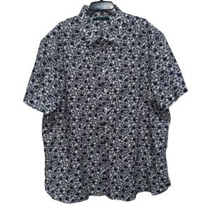 Perry Ellis Mens 2X Short Sleeve Button Up Shirt Blue White Floral Cotton 2XL